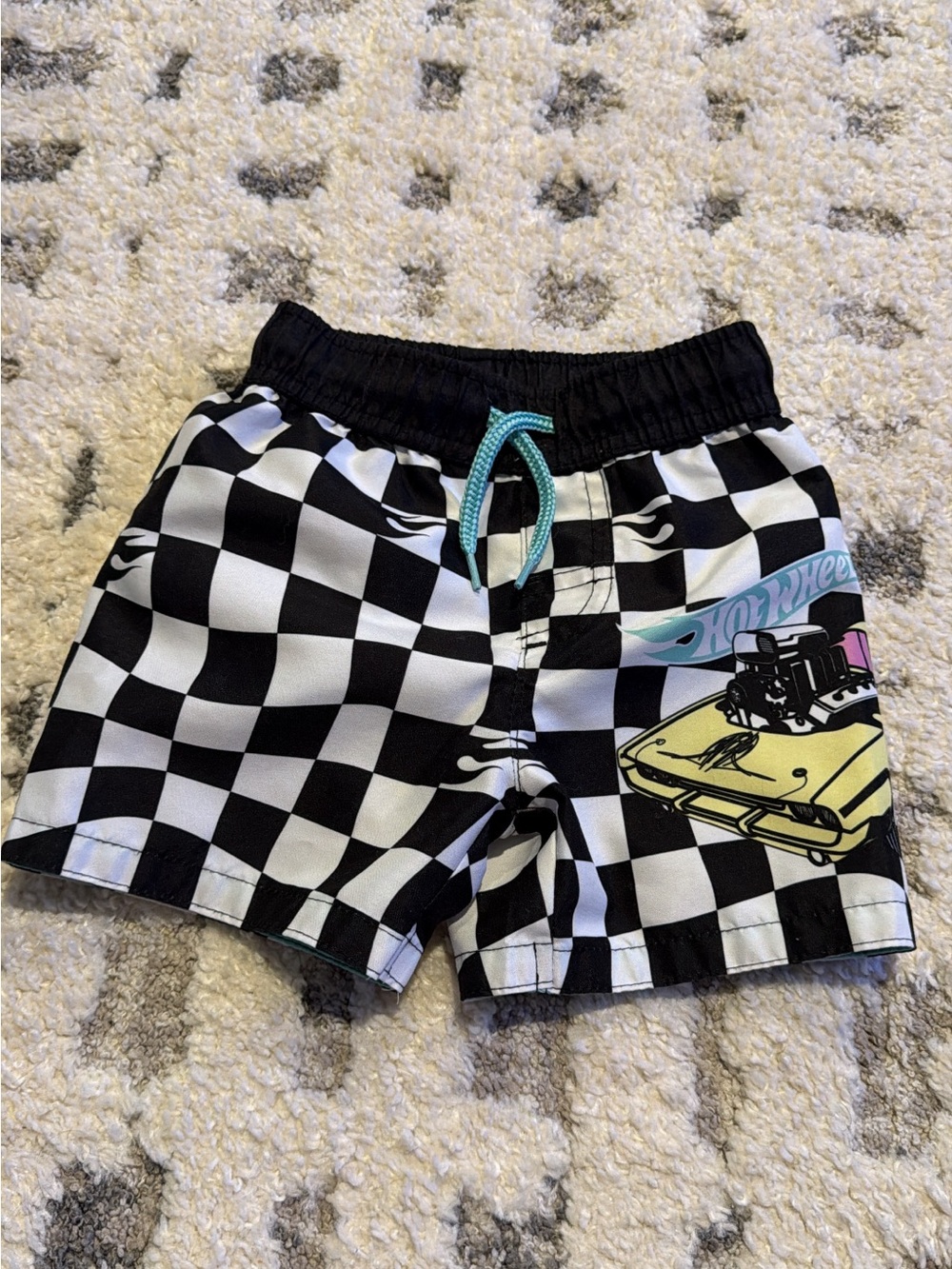 Boys Black & White Check Swim Shorts with Turquoise Drawstring